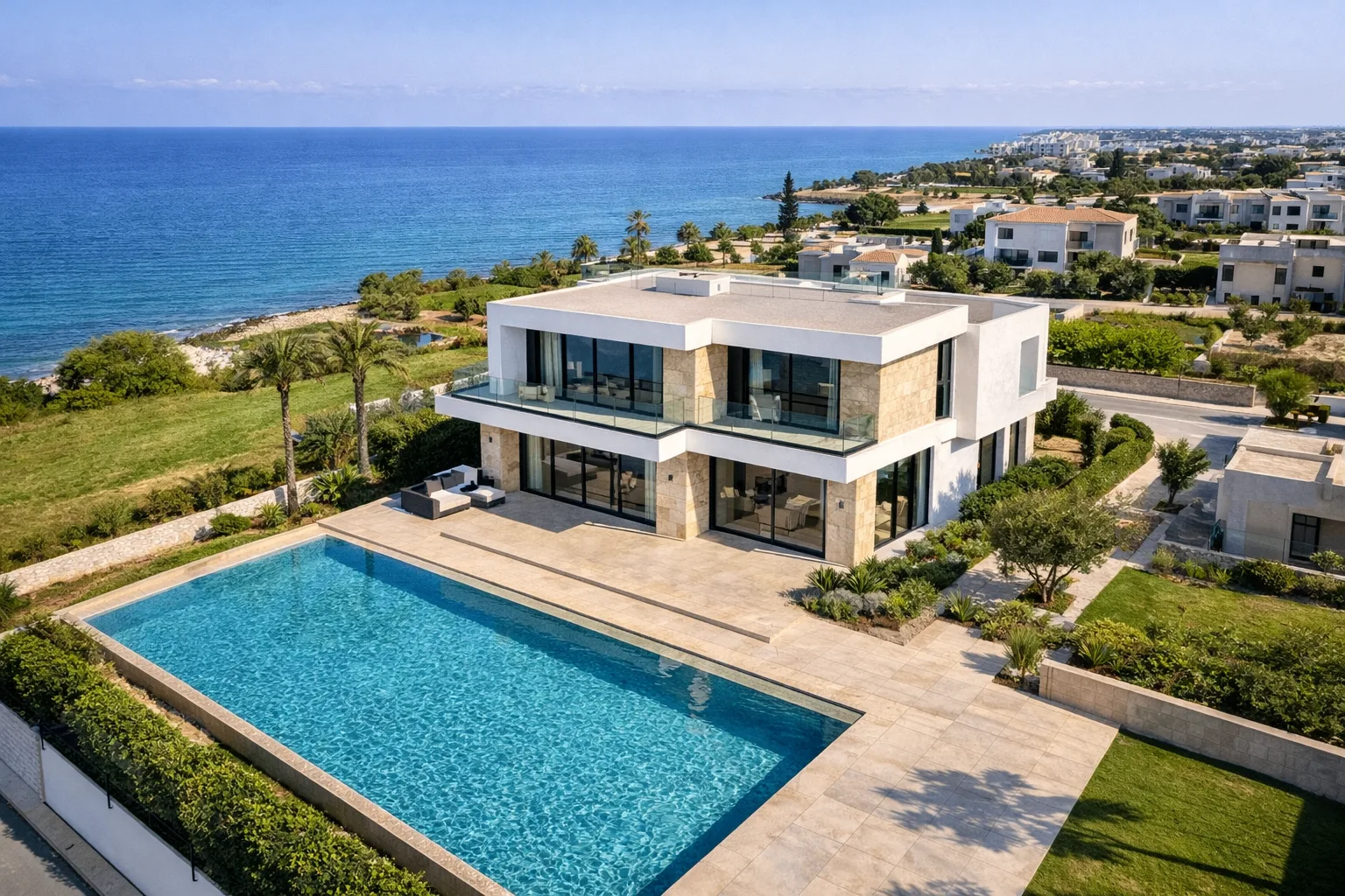 Aerial drone view from 30 meters revealing the villa's position near the sea and its surrounding residential neighborhood.