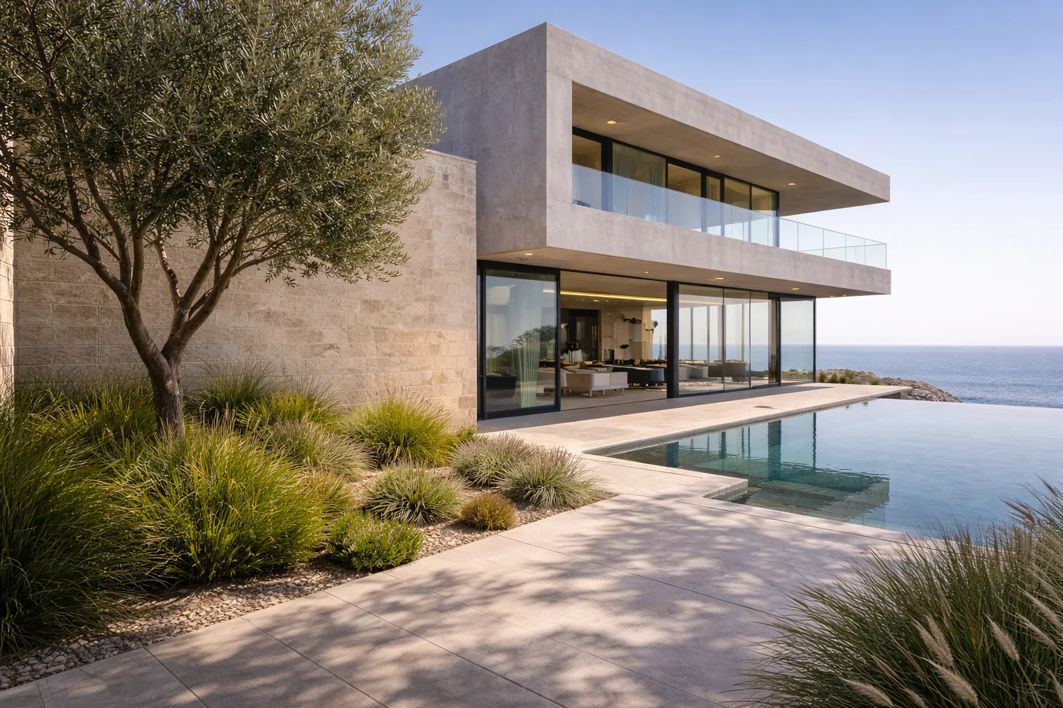 Side entrance view with olive tree and Mediterranean landscaping softening the geometric concrete architecture