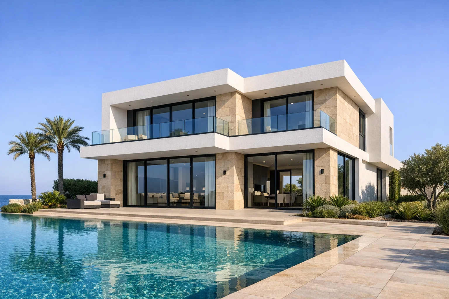Front three-quarter exterior view in soft morning light showcasing the villa's cubic architecture, beige stone panels and infinity pool.