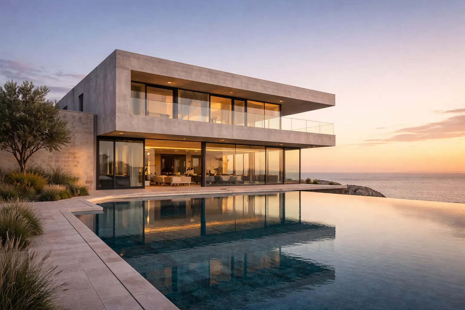 Golden hour frontal view of the villa with infinity pool reflecting the structure against the Mediterranean sunset horizon