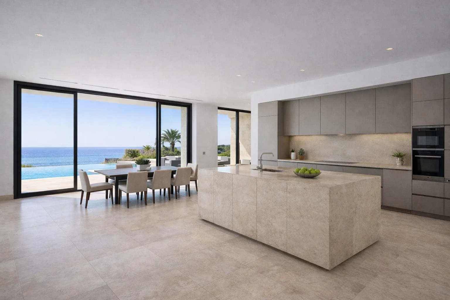 Modern minimalist kitchen with beige stone island and dining area facing the pool view, filled with natural daylight.