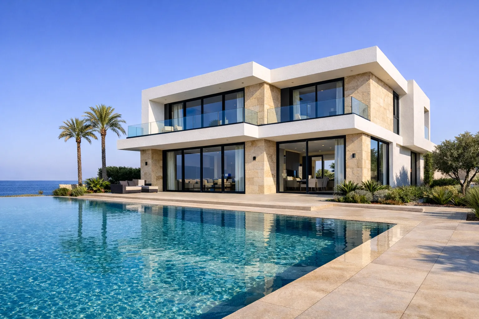 Side perspective with the infinity pool in the foreground, emphasizing reflections and the geometric facade under bright Mediterranean sunlight.