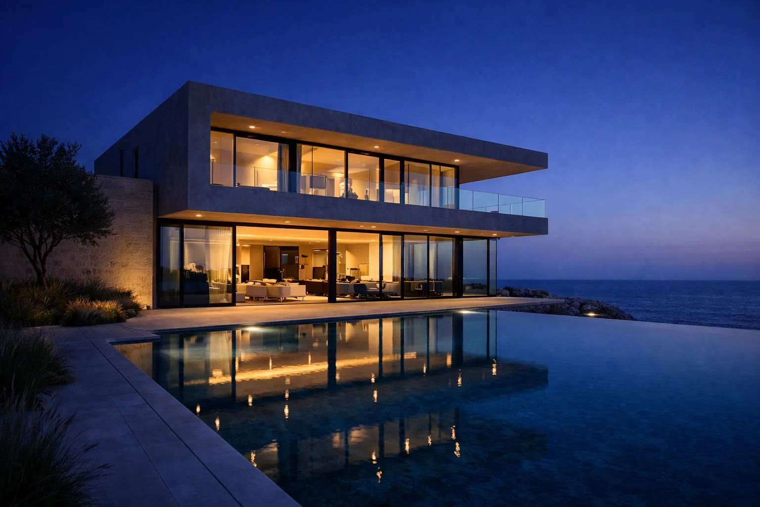 Twilight blue hour capture with warm interior lighting glowing through the full-height glass facade